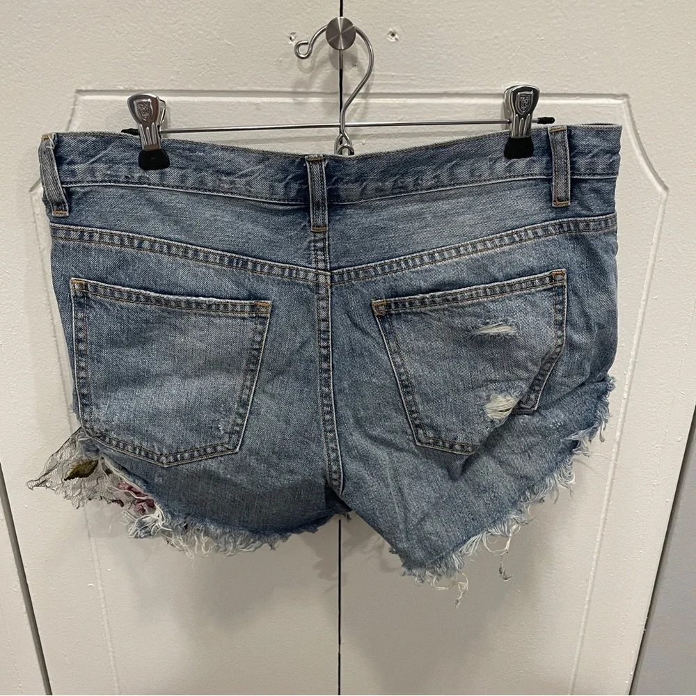 Free People Floral Lace Button Fly Jean Shorts